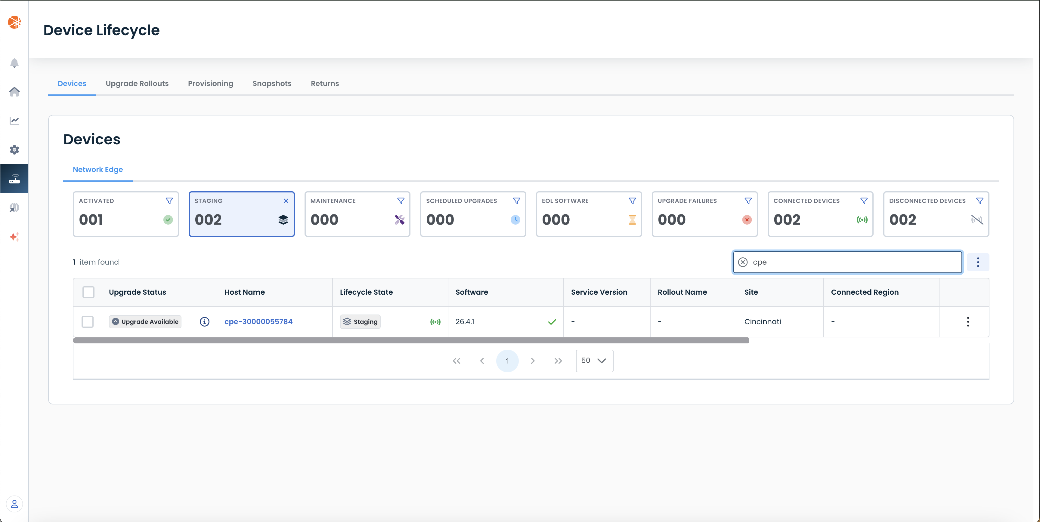 Device lifecycle management interface showing device statuses and upgrade availability.